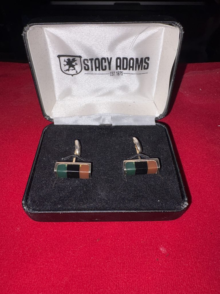 Vintage Stacy Adams tri-color stone bar cufflinks inside original branded black presentation box.